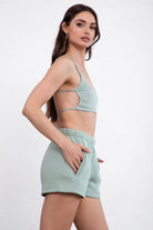  Sage green fleece short set with deep reversible side pockets and a smooth fleece texture by Tic Toc.