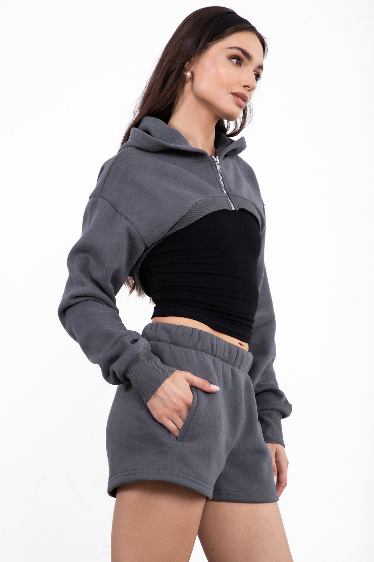  Graphite ultra cropped cardigan with hood and soft fleece fabric from Tic Toc, designed for layering.