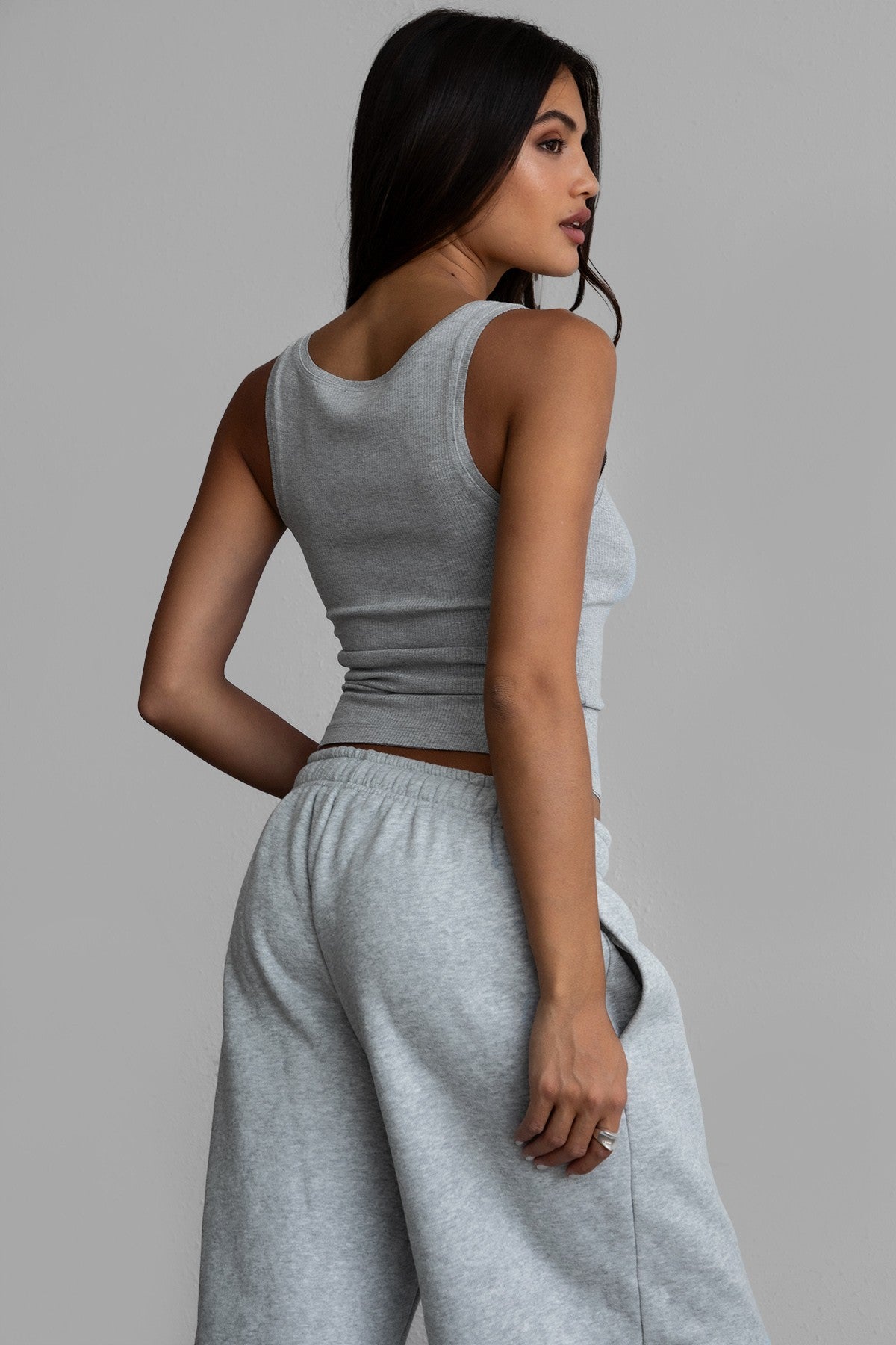 grey ribbed jersey tank top with a low square neckline and wide shoulder straps by Tic Toc.