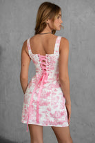 Pink floral tapestry mini dress with square neckline and lace-up back by Tic Toc.