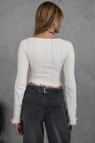 TIC TOC MARYLYN lacey cropped long sleeve top in white with lace trim and soft stretch knit fabric