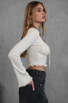 TIC TOC MARYLYN lacey cropped long sleeve top in white with lace trim and soft stretch knit fabric