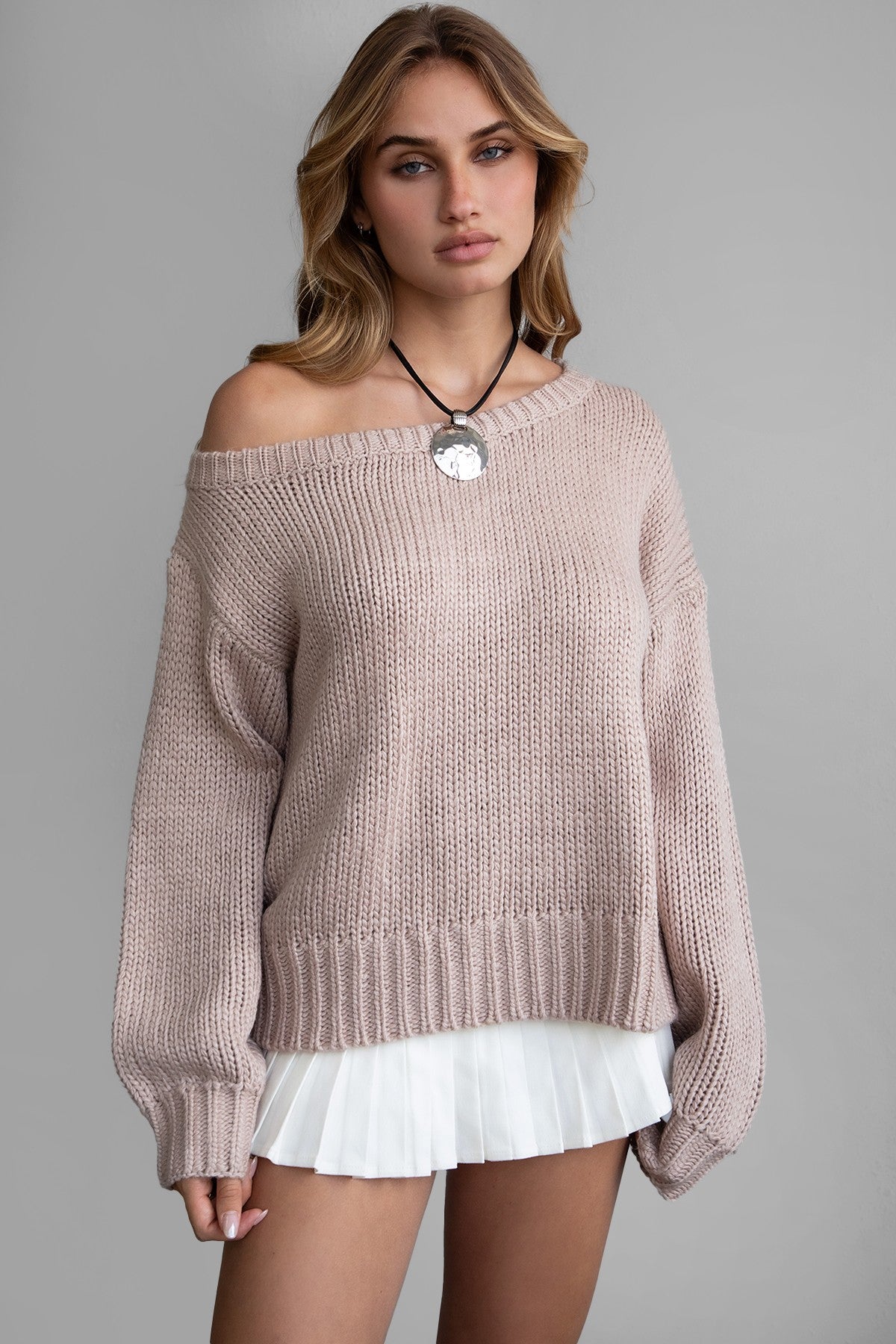 wheat off-the-shoulder pullover sweater by Tic Toc, featuring a relaxed fit and ribbed hem.