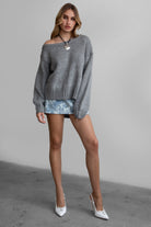  Grey loose knit sweater, off-the-shoulder design with ribbed details from Tic Toc.