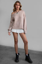 wheat loose knit sweater, off-the-shoulder design with ribbed details from Tic Toc.