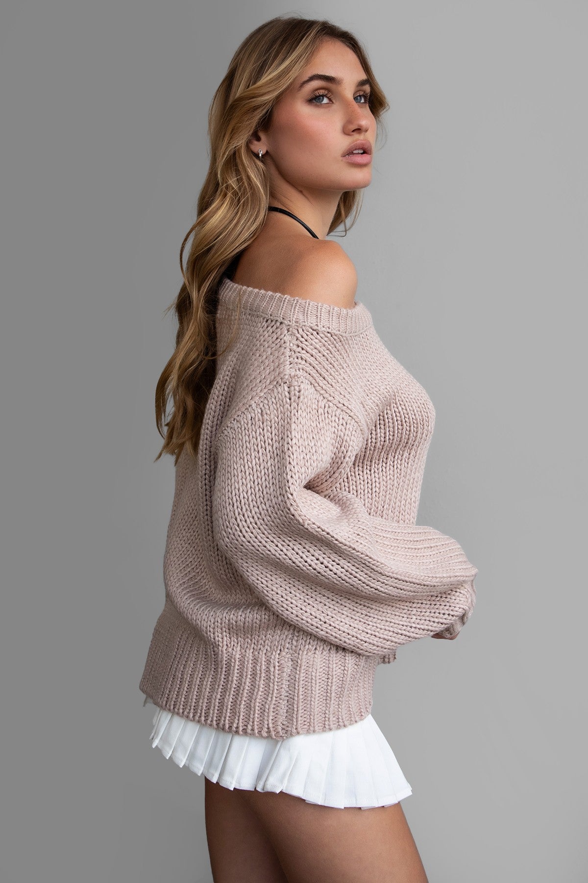 wheat loose knit sweater, off-the-shoulder design with ribbed details from Tic Toc.