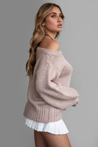 wheat loose knit sweater, off-the-shoulder design with ribbed details from Tic Toc.