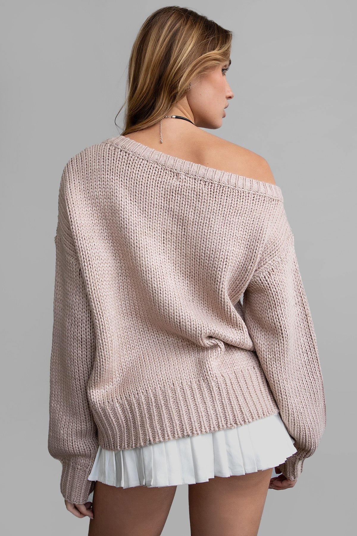 wheat loose knit sweater, off-the-shoulder design with ribbed details from Tic Toc.