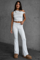  Foldover waistband flare leggings in heather white from Tic Toc, designed for comfort and style.