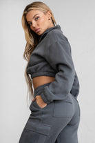 TIC TOC  Gray cropped zip-up sweater, semi-loose fit, with elastic hems.