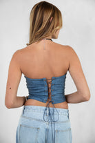 blue strapless corset top with western details from Tic Toc, dual-lined for a structured fit.