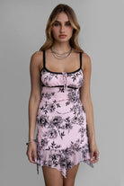 Pink flocked mesh mini dress with floral velvet burnout pattern and lace straps by Tic Toc.