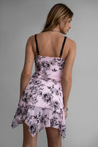 Pink flocked mesh mini dress with floral velvet burnout pattern and lace straps by Tic Toc.