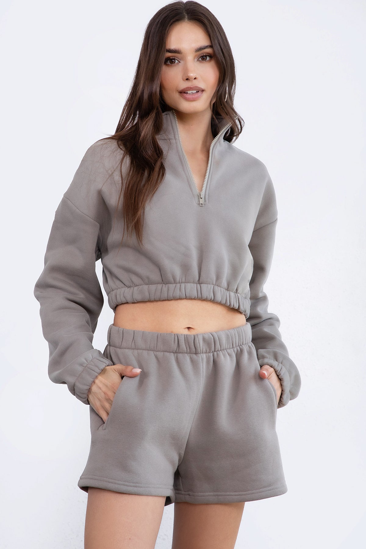 Classic grey fleece shorts with a drawstring waist and high-rise fit, ideal for lounging by Tic Toc.