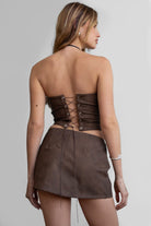 TIC TOC TA29069 BECKEE  PU Vegan Leather Corset Top. Featuring embroidered western details, and an exposed lace up back. Perfect for bold, edgy, and Western-inspired looks.