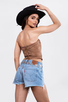 TIC TOC TA29069 BECKEE  PU Vegan Leather Corset Top. Featuring embroidered western details, and an exposed lace up back. Perfect for bold, edgy, and Western-inspired looks.