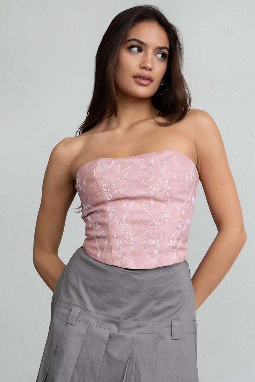 pink embroidered western-style corset top, featuring boned construction and straight neckline by Tic Toc.