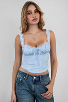 TIC TOC TILLA milkmaid corset top in linen blue with sweetheart neckline and lace overlay