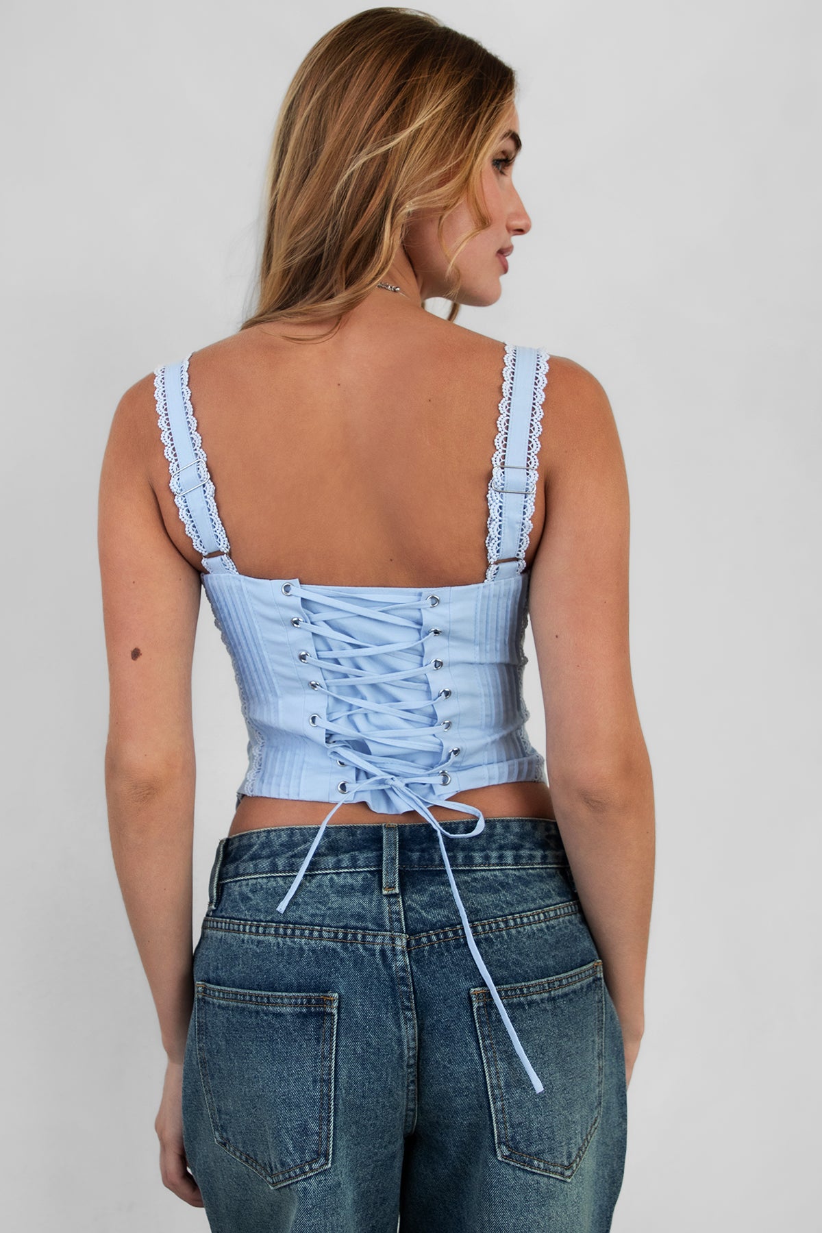 TIC TOC TILLA milkmaid corset top in linen blue with sweetheart neckline and lace overlay