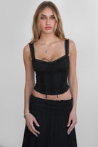 TIC TOC TILLA milkmaid corset top in black with lace trim and adjustable lace-up back