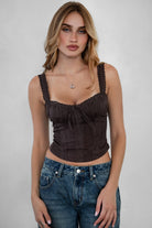 TIC TOC TILLA poplin milkmaid corset top in brown with bow detail and crown hem