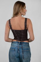 TIC TOC TILLA poplin milkmaid corset top in brown with bow detail and crown hem