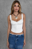 TIC TOC TILLA white poplin milkmaid corset top with lace details and cinched bust