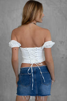 TIC TOC TA30472 HAZEL Stretch Poplin Short Sleeve Top. A feminine milkmaid top with a cinched bust, lace overlay, corset-style fit, and lace-up back in white