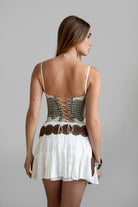 TIC TOC TA30829 BETSI Gingham Crepe Chiffon Bustier. Features lace trim, rosette details, adjustable spaghetti straps, and a lace-up back. Perfect for western festival outfits.