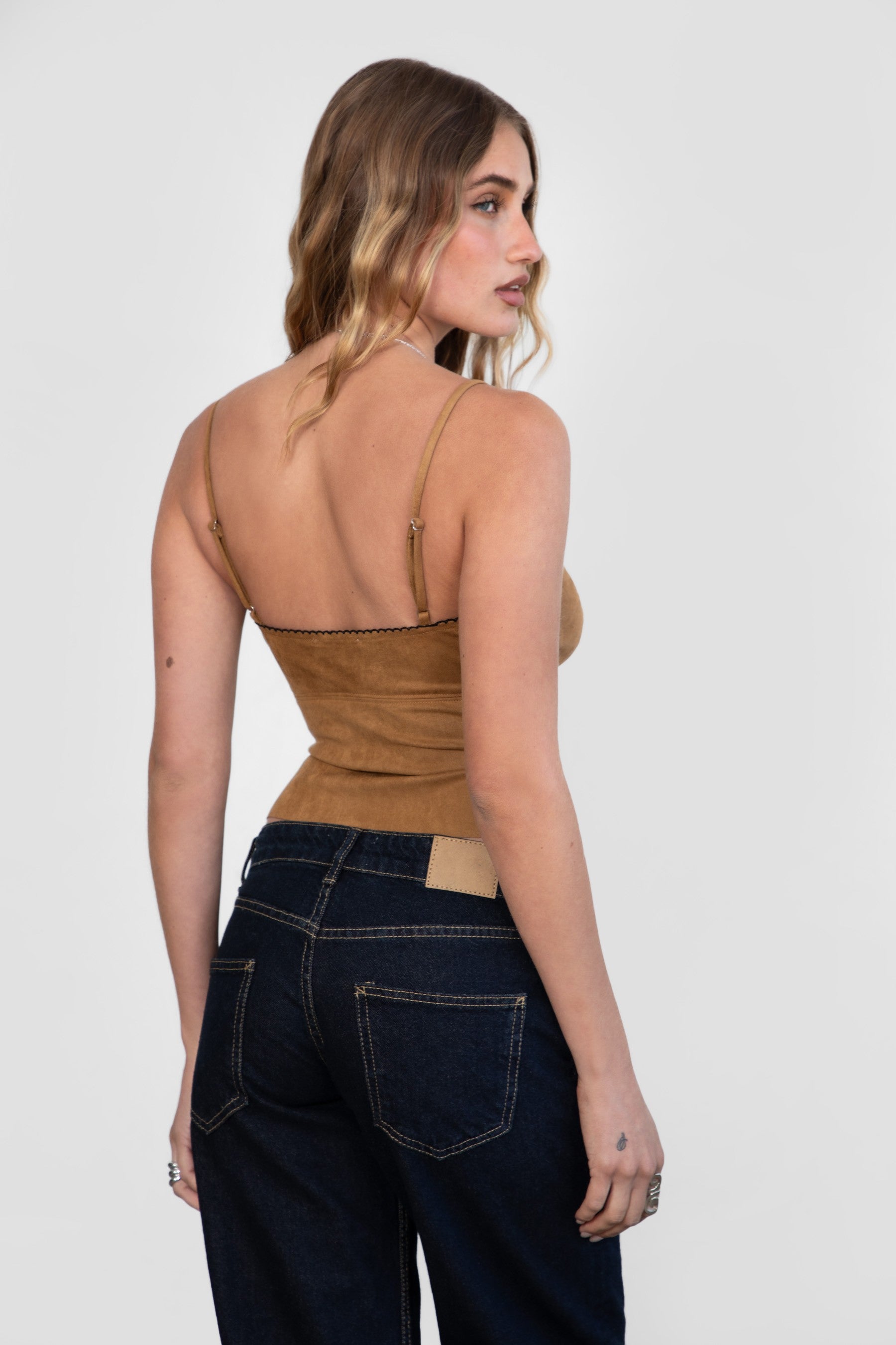 TIC TOC TA30900 WINONA Suede Spaghetti Strap Cami Top in soft suede with contrast crown trim detail, button-down front, and adjustable straps. Perfect for western festival outfits.