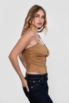 TIC TOC TA30900 WINONA Suede Spaghetti Strap Cami Top in soft suede with contrast crown trim detail, button-down front, and adjustable straps. Perfect for western festival outfits.