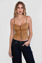 TIC TOC TA30900 WINONA Suede Spaghetti Strap Cami Top in soft suede with contrast crown trim detail, button-down front, and adjustable straps. Perfect for western festival outfits.