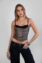 TIC TOC TC30862 DANELLE Leopard Mesh Print Bustier Top with sweetheart neckline, lace details, and sculpted fit—perfect for festivals and nightlife.