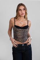 TIC TOC TC30862 DANELLE Leopard Mesh Print Bustier Top with sweetheart neckline, lace details, and sculpted fit—perfect for festivals and nightlife.