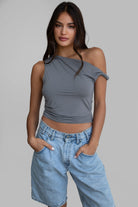 Charcoal one shoulder twist strap top with silky soft stretch fabric by Tic Toc.