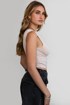 Oatmeal off-the-shoulder top with ruching and asymmetrical neckline by Tic Toc.