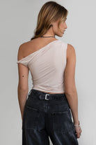 Oatmeal off-the-shoulder top with ruching and asymmetrical neckline by Tic Toc.