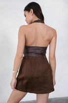 TIC TOC TH30046 CARA Lightweight PU Halter Top in vegan leather. Features a deep V-neckline, halter straps, exposed lace front detail, and a low open back.