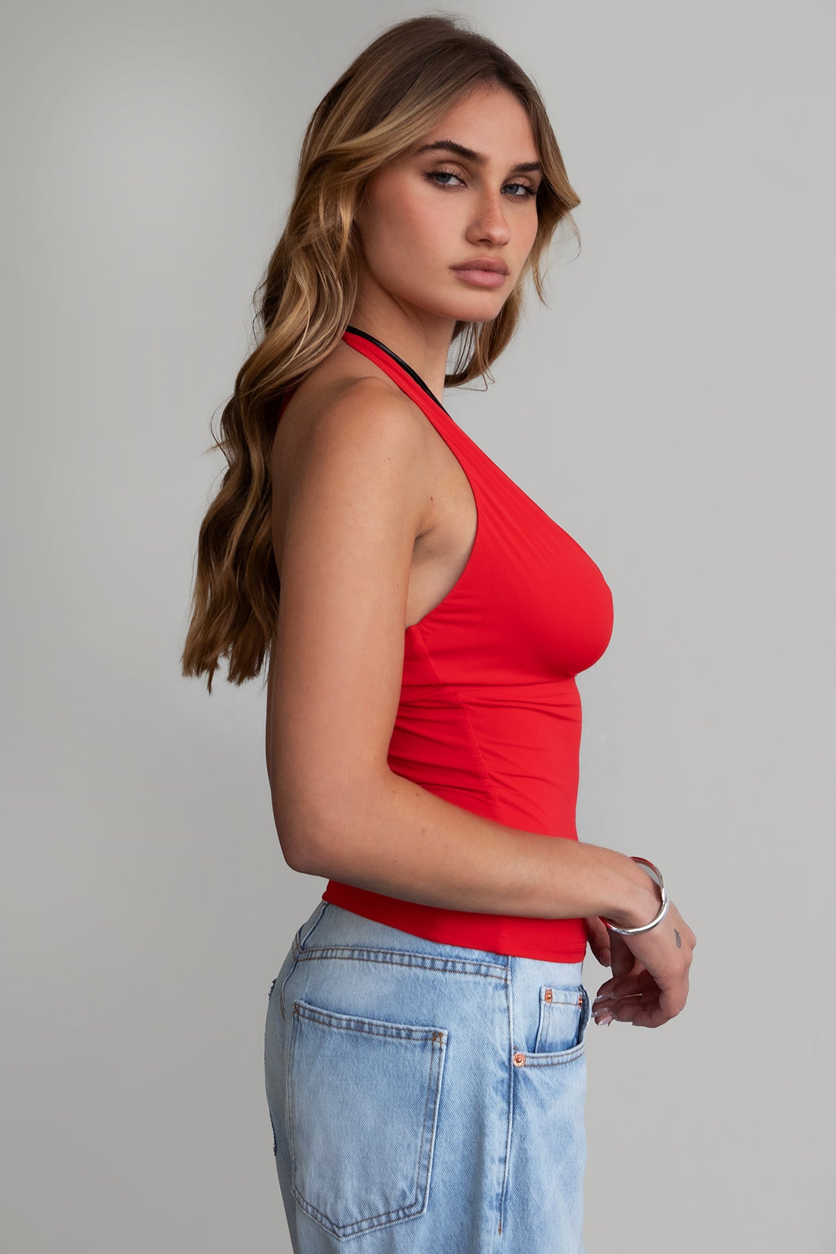  Red halter cami top with exposed back and long fitted silhouette by Tic Toc.