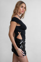 Black off the shoulder short sleeve top with asymmetric hem and silver ring detail by Tic Toc.