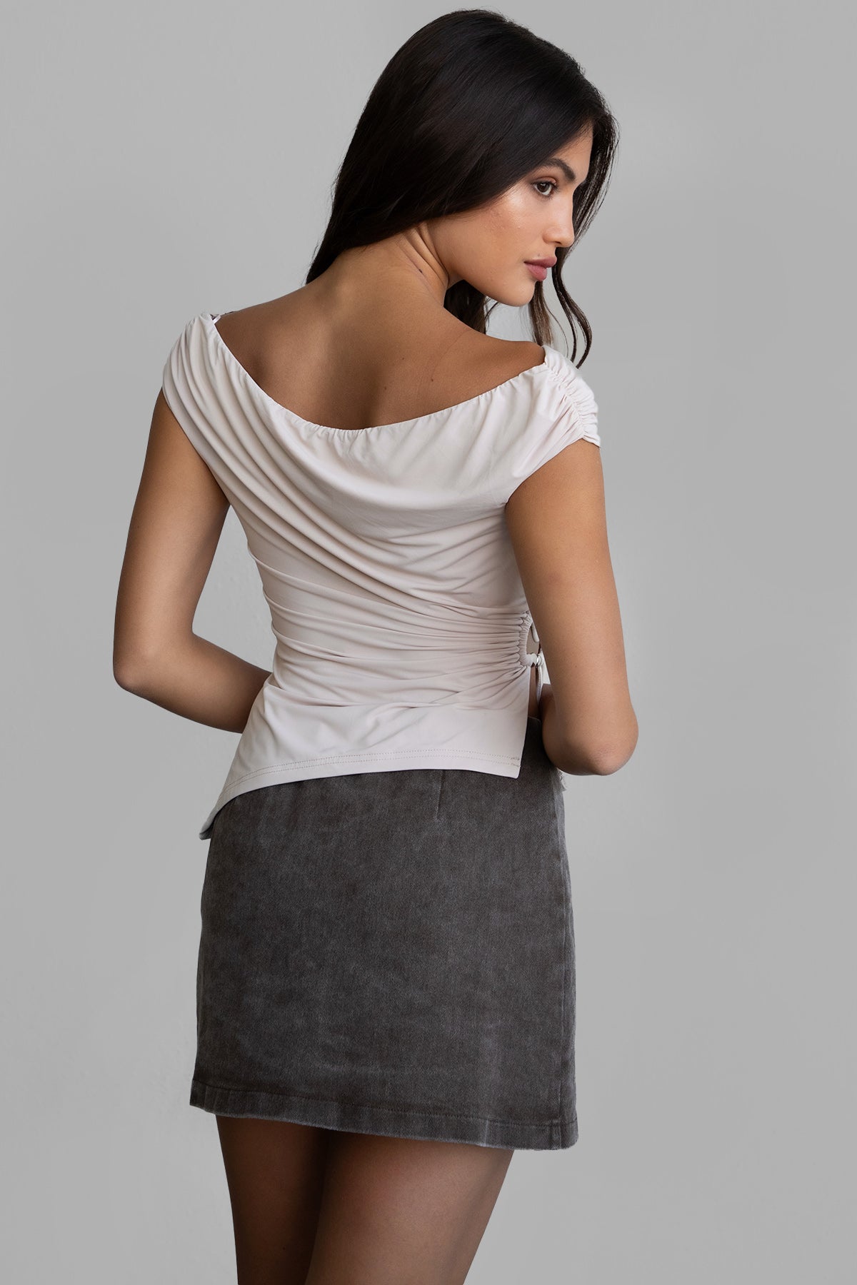 oatmeal off the shoulder short sleeve top with side slit and fitted silhouette from Tic Toc.