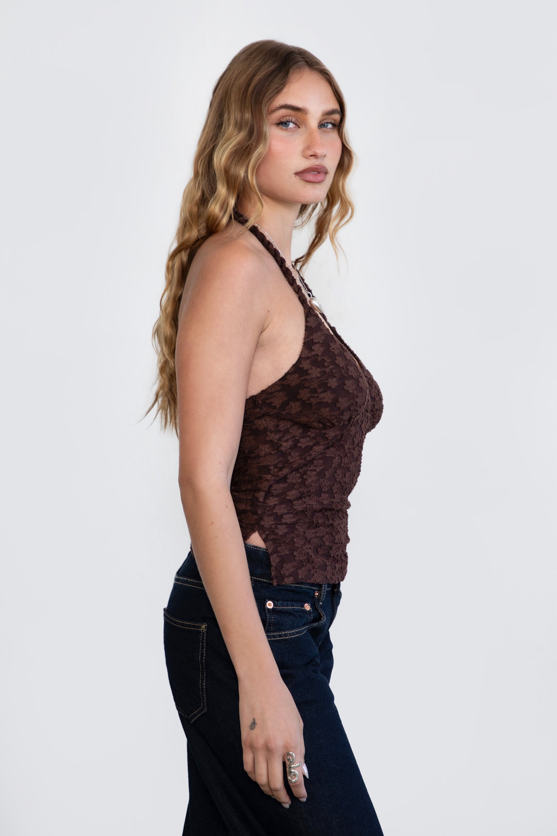 TIC TOC TH30947 PAEONIA Flocked Mesh Textured Halter Cami Top. Features a deep V-neckline, braided halter straps, relaxed waist-length fit, and split hem detail.