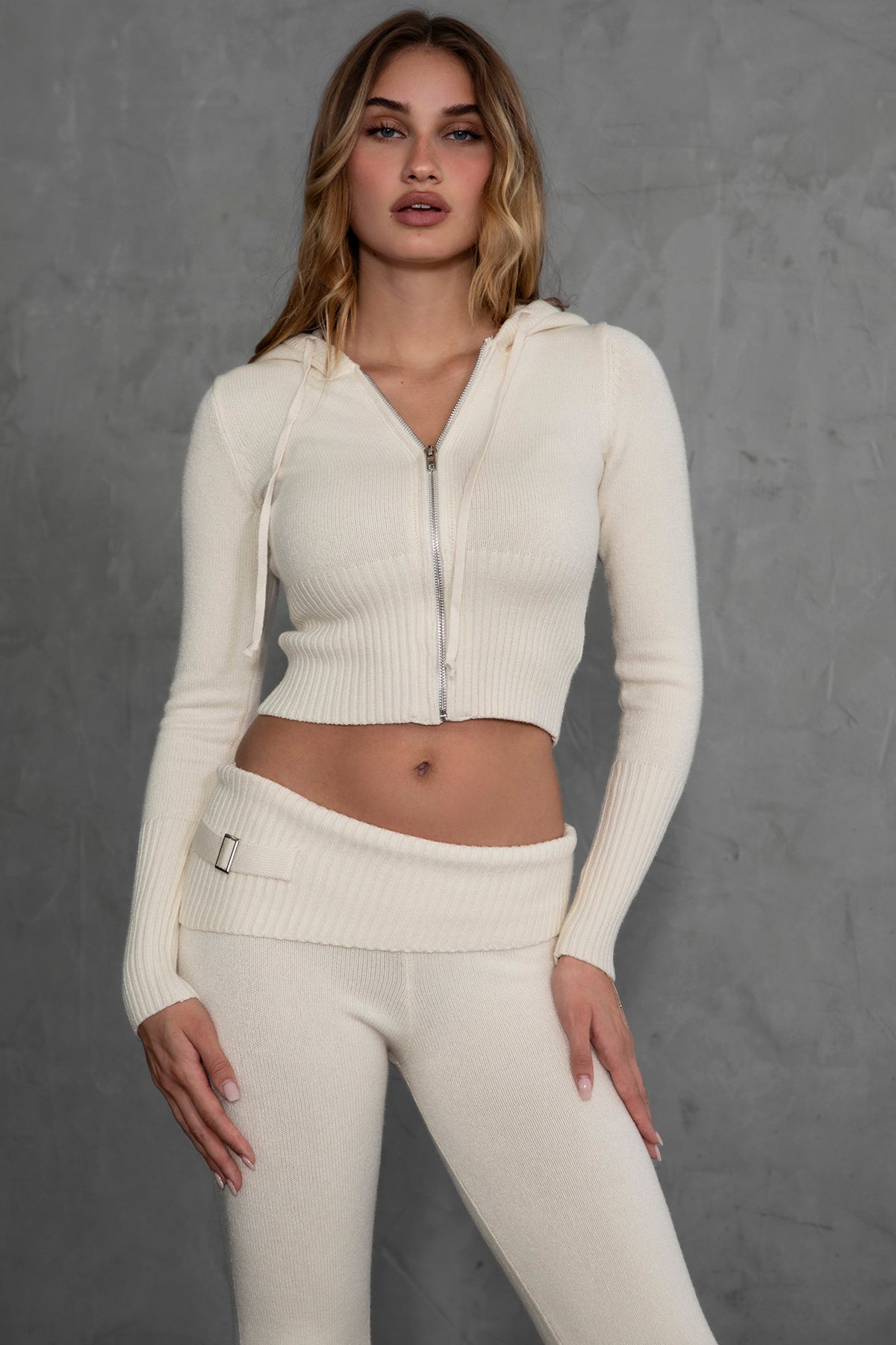 TIC TOC COZEE Sweater Knit Two Piece Set in ecru, featuring a cropped hoodie and flare pants