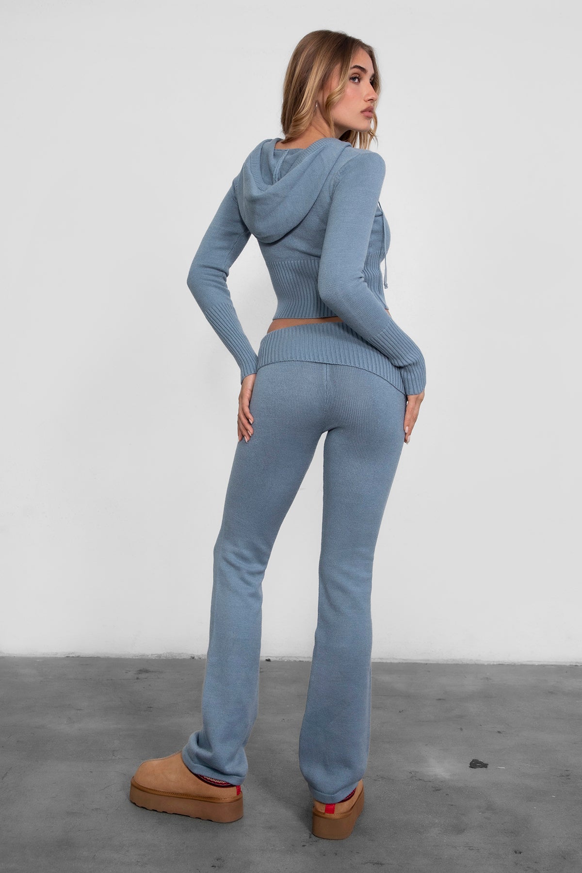 Figure-hugging sweater knit lounge set with ribbed cuffs and fold-over waistband in French blue