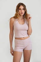 TIC TOC TPC30877 DEVONA Jersey Striped Two-Piece Lounge Short Set. Relaxed-fit jersey lounge set featuring a soft striped top and matching mid-rise shorts.