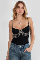 CHARLIE rhinestone mesh bodysuit in black with sweetheart neckline by TIC TOC