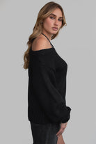 BRANDY off-the-shoulder ribbed knit sweater in black with long loose sleeves