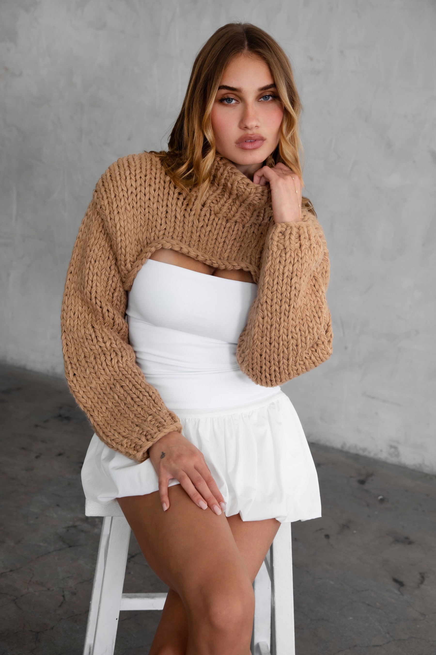 CHRISTIE heavy gauge sweater knit shrug in taupe with turtle neck and puff sleeves by TIC TOC