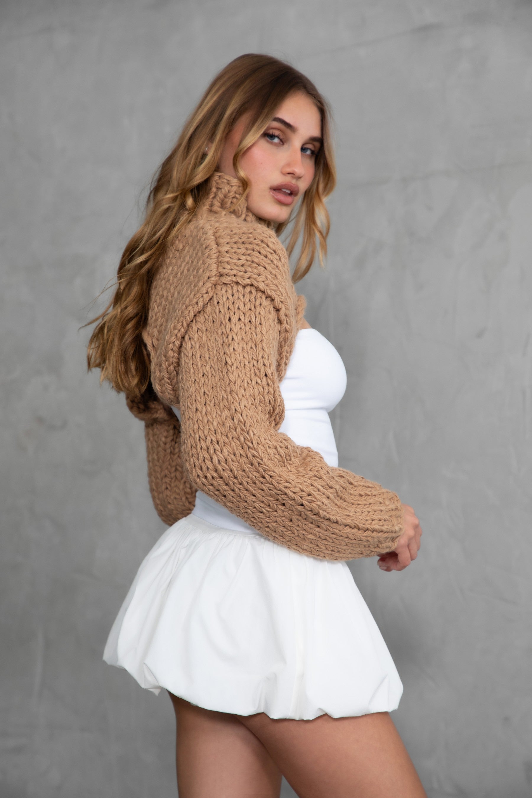 CHRISTIE heavy gauge sweater knit shrug in taupe with turtle neck and puff sleeves by TIC TOC