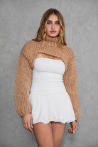 CHRISTIE heavy gauge sweater knit shrug in taupe with turtle neck and puff sleeves by TIC TOC